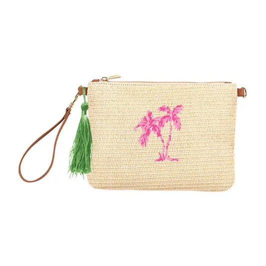 Viv & Lou Pink Palm Tree Embroidered Hilton Wristlet