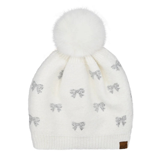 C.C Kids Allover Mini Rhinestone Bow Faux Fur Pom Beanie Ivory