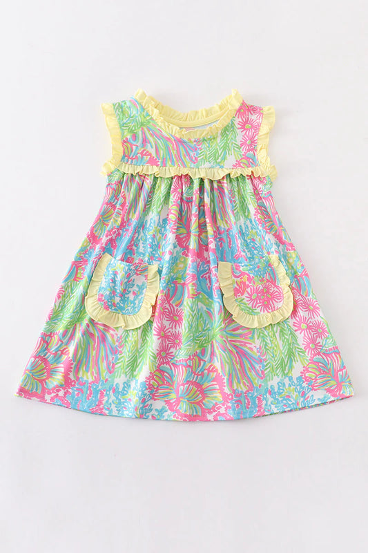 Girls Floral Print Ruffle Pocket Dress