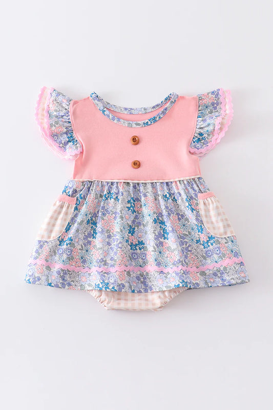 Girls Pink Floral Print Ruffle Bubble