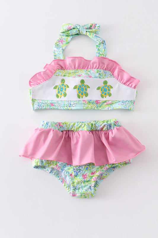 Girls Lily Print Turtle Embroidery 2pcs Swimwear