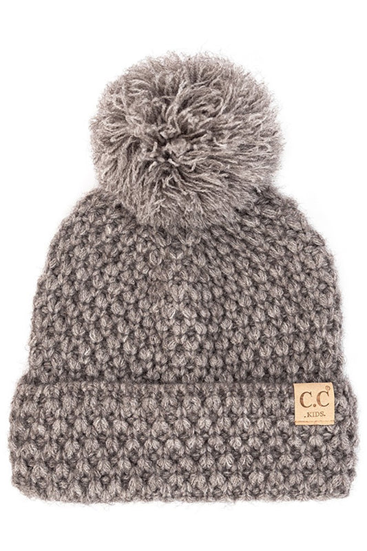 Kids C.C Bee Stitch Pattern Cuff Beanie With Knit Pom Winter Light Melange Grey