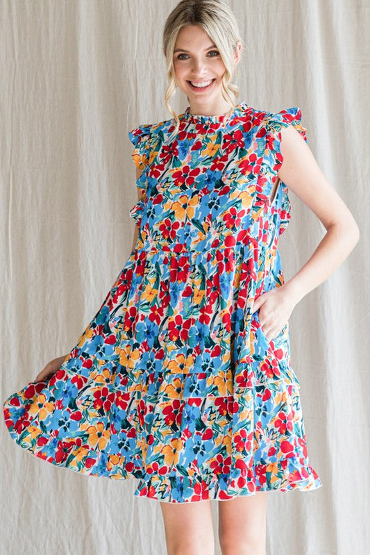 Womens Jodifl Blue/Red Floral Print Ruffle Tiered Dress