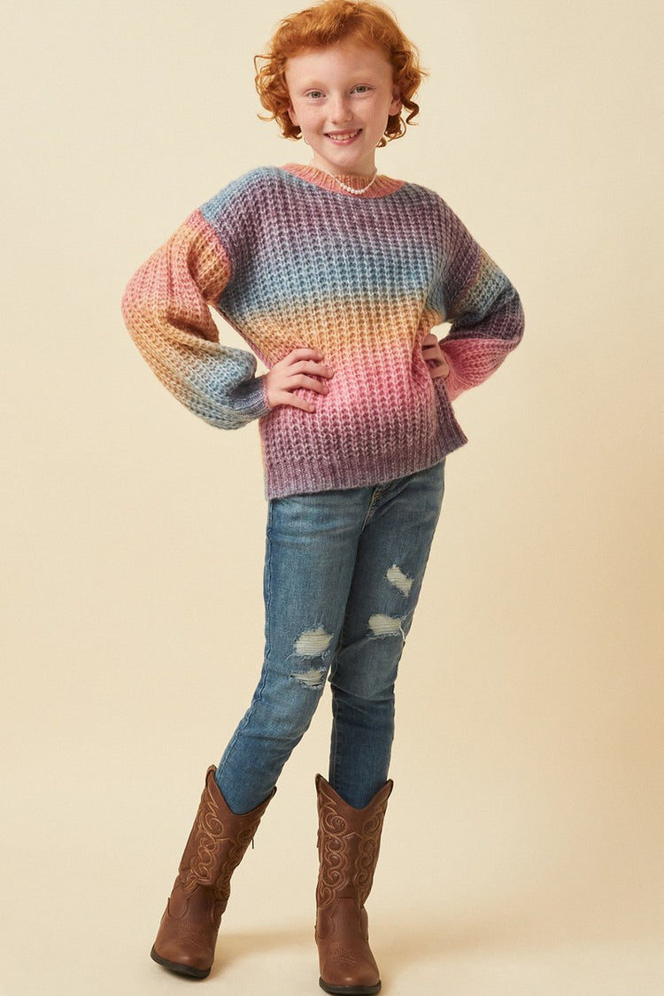 Girls Pink Ombre Striped Chunky Knit Sweater