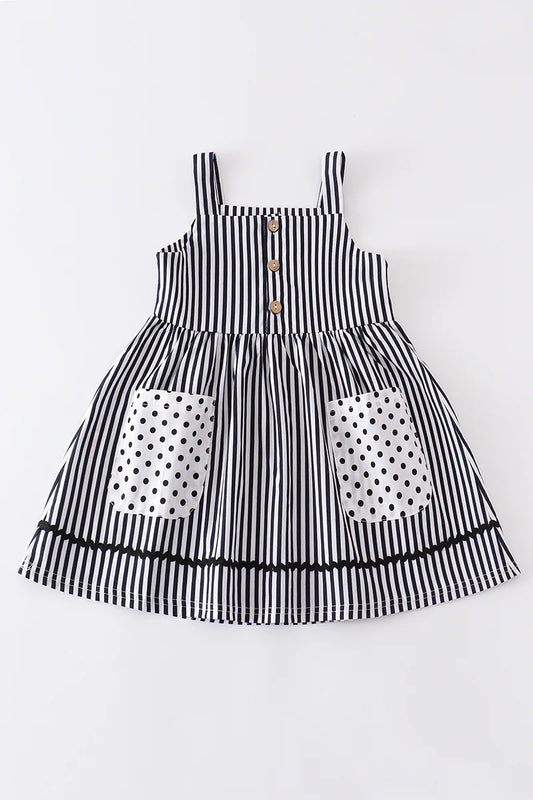 Girls Black Stripe & Dot Pocket Dress