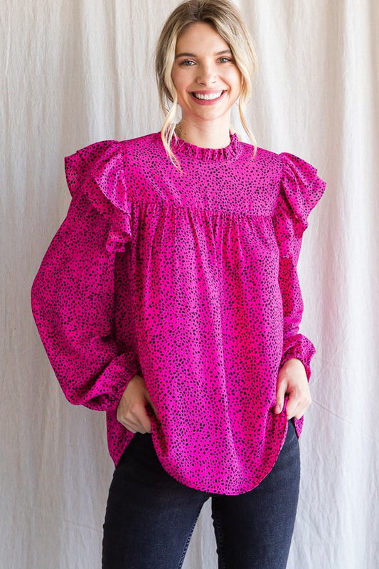 Womens Jodifl Fuchsia Dotted Print Long Balloon Sleeves Top