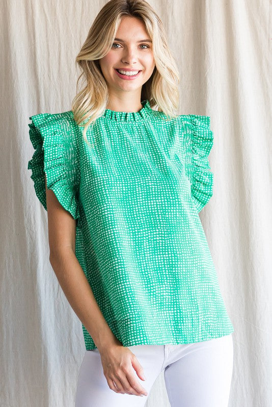 Womens Jodifl Green Irregular Dot Print Ruffle Cap Sleeve Top