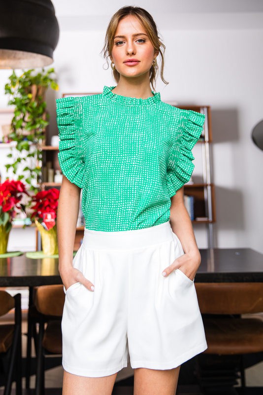 Womens Jodifl Green Irregular Dot Print Ruffle Cap Sleeve Top