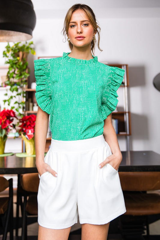 Womens Jodifl Green Irregular Dot Print Ruffle Cap Sleeve Top