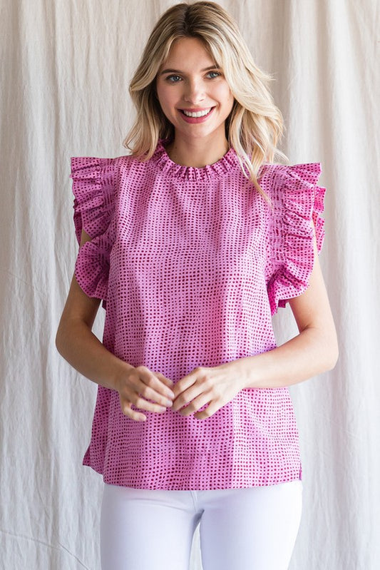 Womens Jodifl Pink Irregular Dot Print Ruffle Cap Sleeve Top