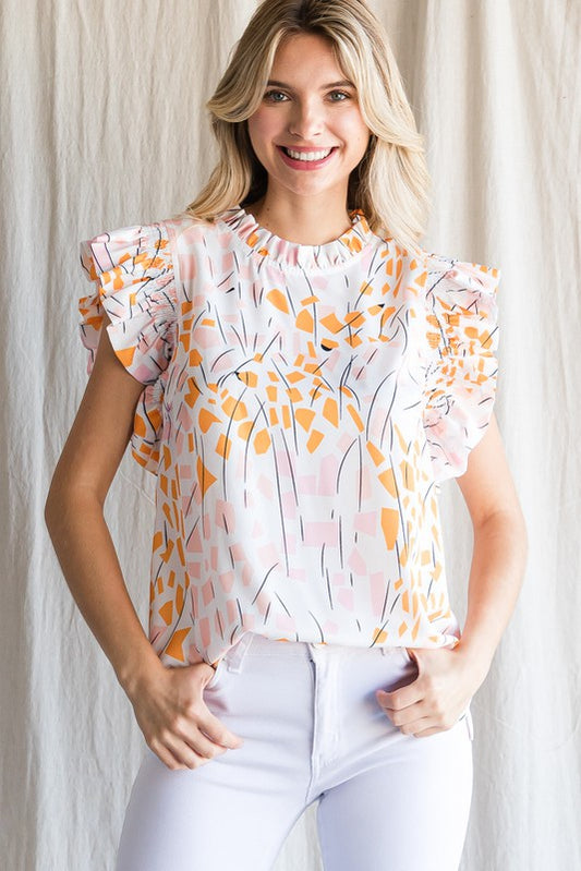 Womens Jodifl White Print Smocked Ruffled Shoulder Top