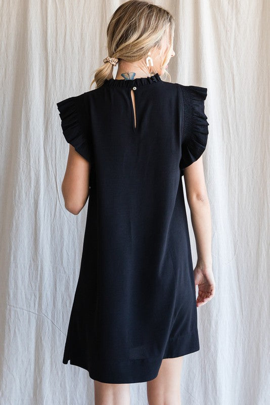 Womens Jodifl Black Solid Ruffle Cap Sleeve Dress