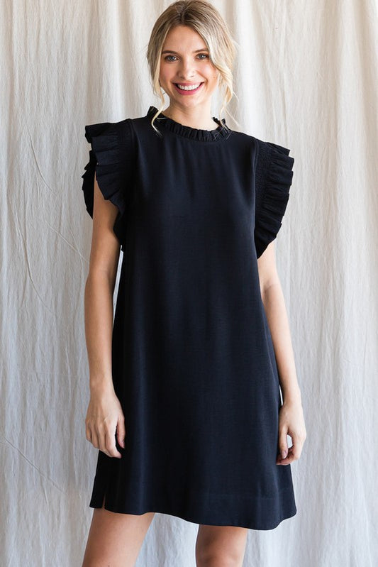 Womens Jodifl Black Solid Ruffle Cap Sleeve Dress