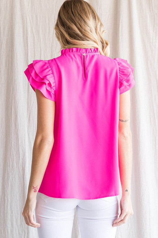 Womens Jodifl Hot Pink Solid Layered Ruffled Sleeves Top
