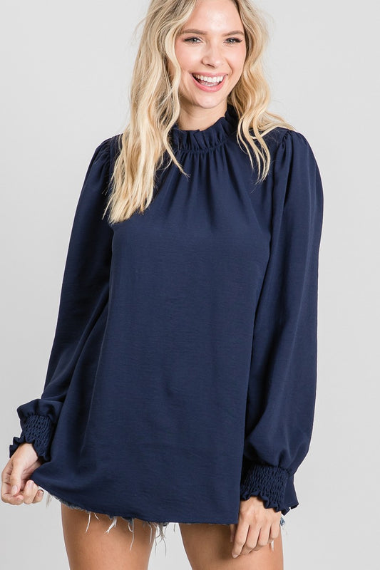 Womens Jodifl Navy Solid Frill Mockneck Top