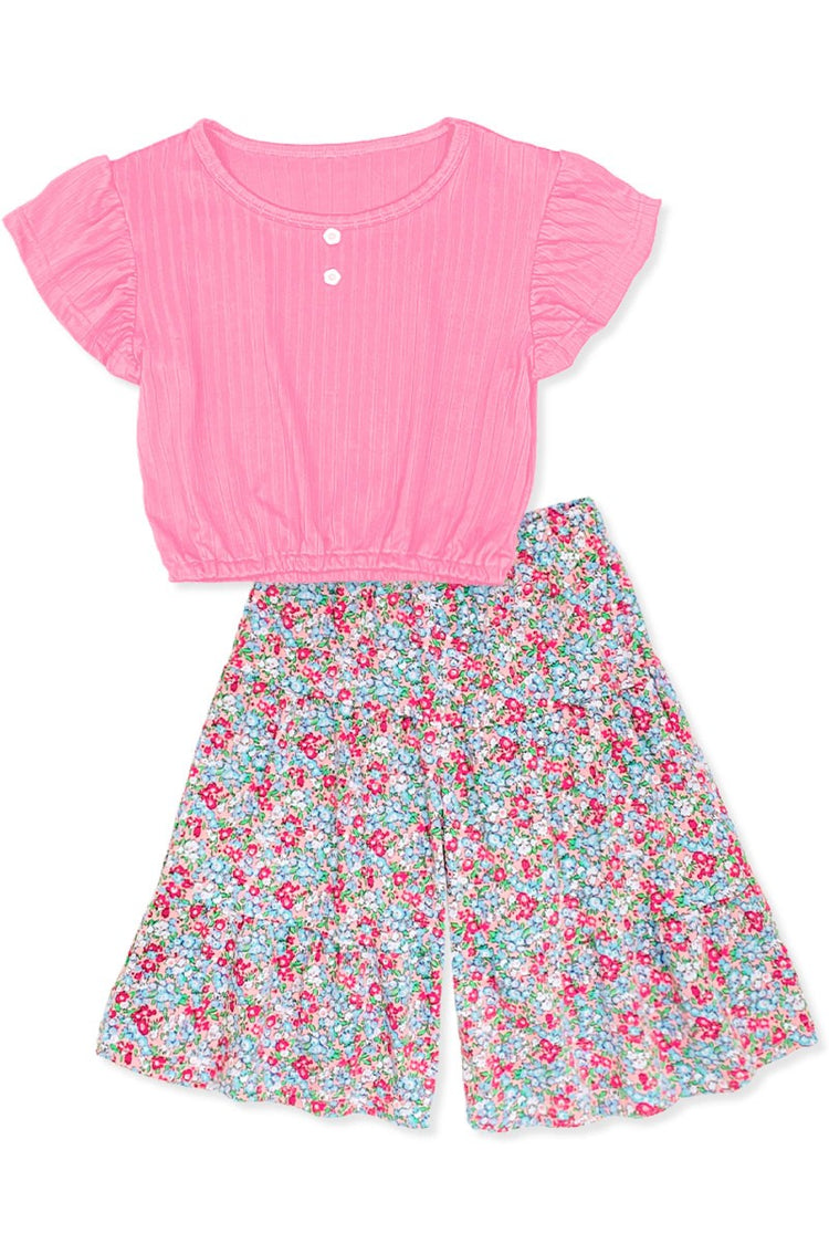 Girls 2pc Gaucho Flare Floral Pant Set, Pink