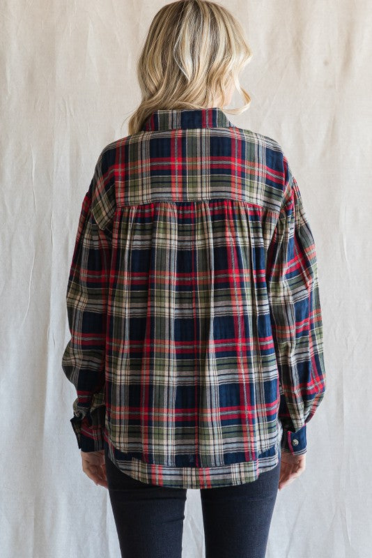 Womens Jodifl Hunter Green Check Collared Neck Top with Pocket