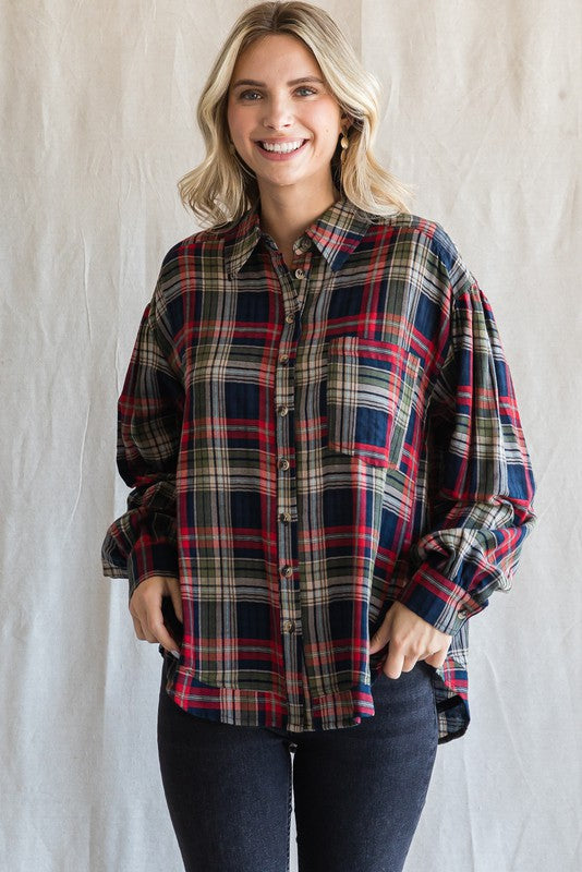 Womens Jodifl Hunter Green Check Collared Neck Top with Pocket