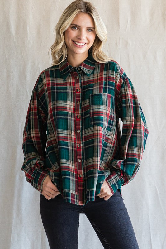 Womens Jodifl Hunter Green Check Collared Neck Top with Pocket