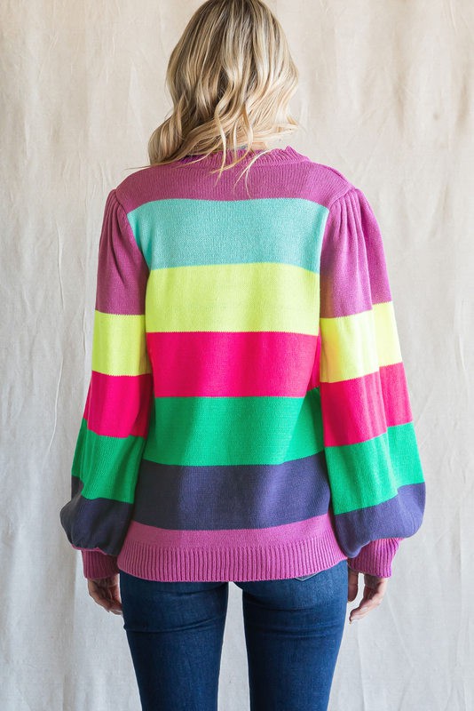 Womens Striped Print Knit Pullover Sweater Magenta Mix