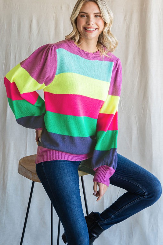 Womens Striped Print Knit Pullover Sweater Magenta Mix