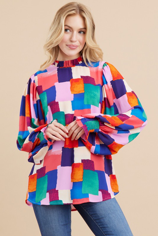 Womens Jodifl Multicolor Print Long Peasant Sleeves Top