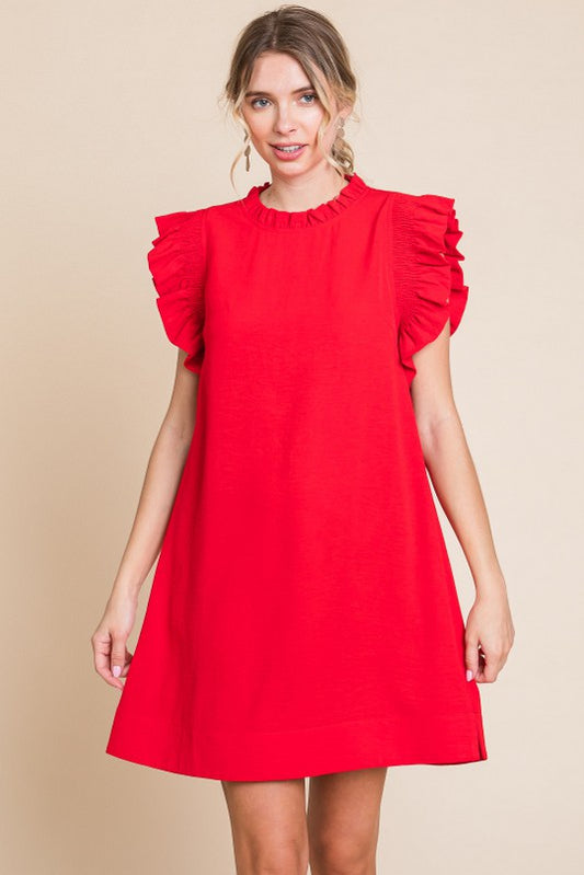 Womens Jodifl Tomato Red Solid Ruffle Cap Sleeve Dress