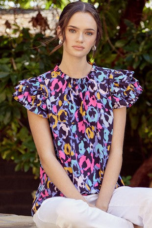 Womens Jodifl Multi Print Layered Ruffled Sleeves Top