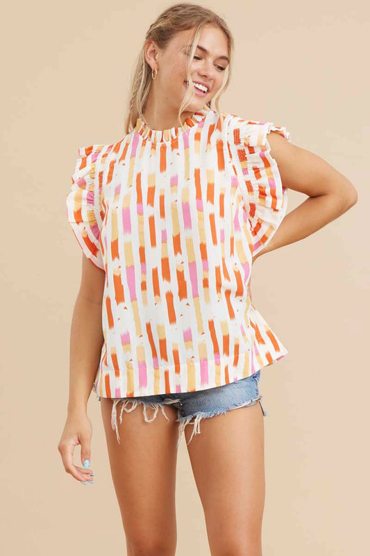 Womens Jodifl Orange Print Ruffled Shoulder Top