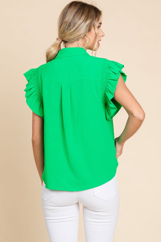 Womens Jodifl Kelly Green Solid Smocked Ruffle Shoulder Top