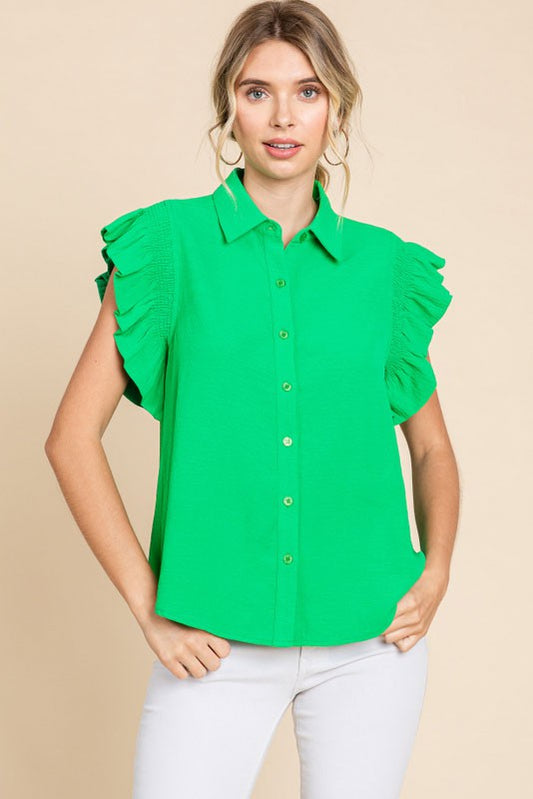 Womens Jodifl Kelly Green Solid Smocked Ruffle Shoulder Top