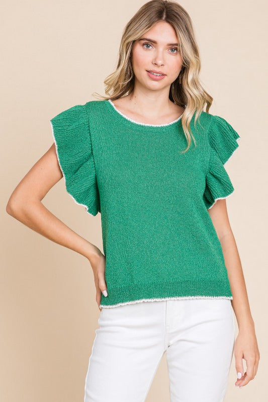 Womens Jodifl Green Solid Knit Ruffled Top