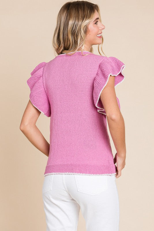 Womens Jodifl Pink Solid Knit Ruffled Top