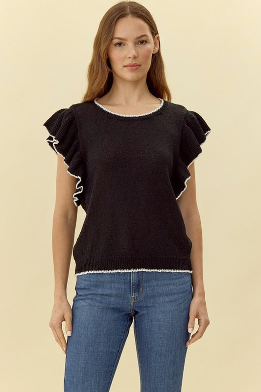Womens Jodifl Black Solid Knit Ruffled Top