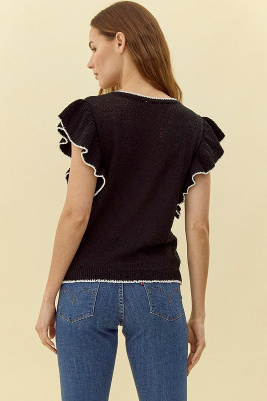 Womens Jodifl Black Solid Knit Ruffled Top