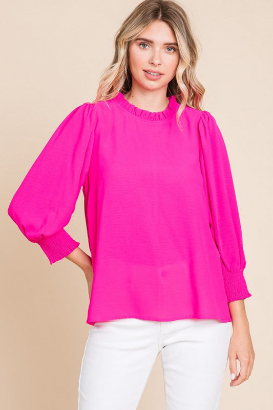Womens Jodifl Hot Pink Solid 3/4 Bubble Sleeves Top