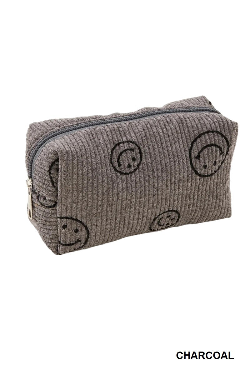 Zenana Charcoal Smiley Face Corduroy Cosmetic Pouch Bag