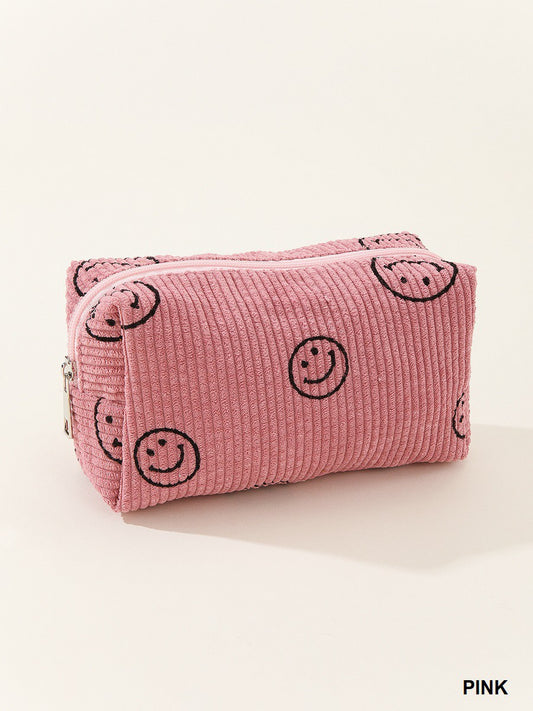 Zenana Pink Smiley Face Corduroy Cosmetic Pouch Bag