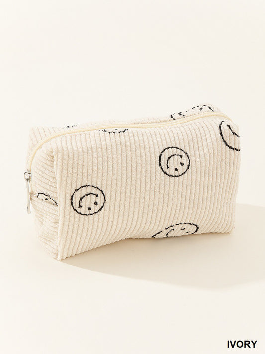 Zenana Ivory Smiley Face Corduroy Cosmetic Pouch Bag