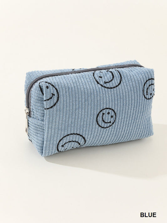 Zenana Blue Smiley Face Corduroy Cosmetic Pouch Bag