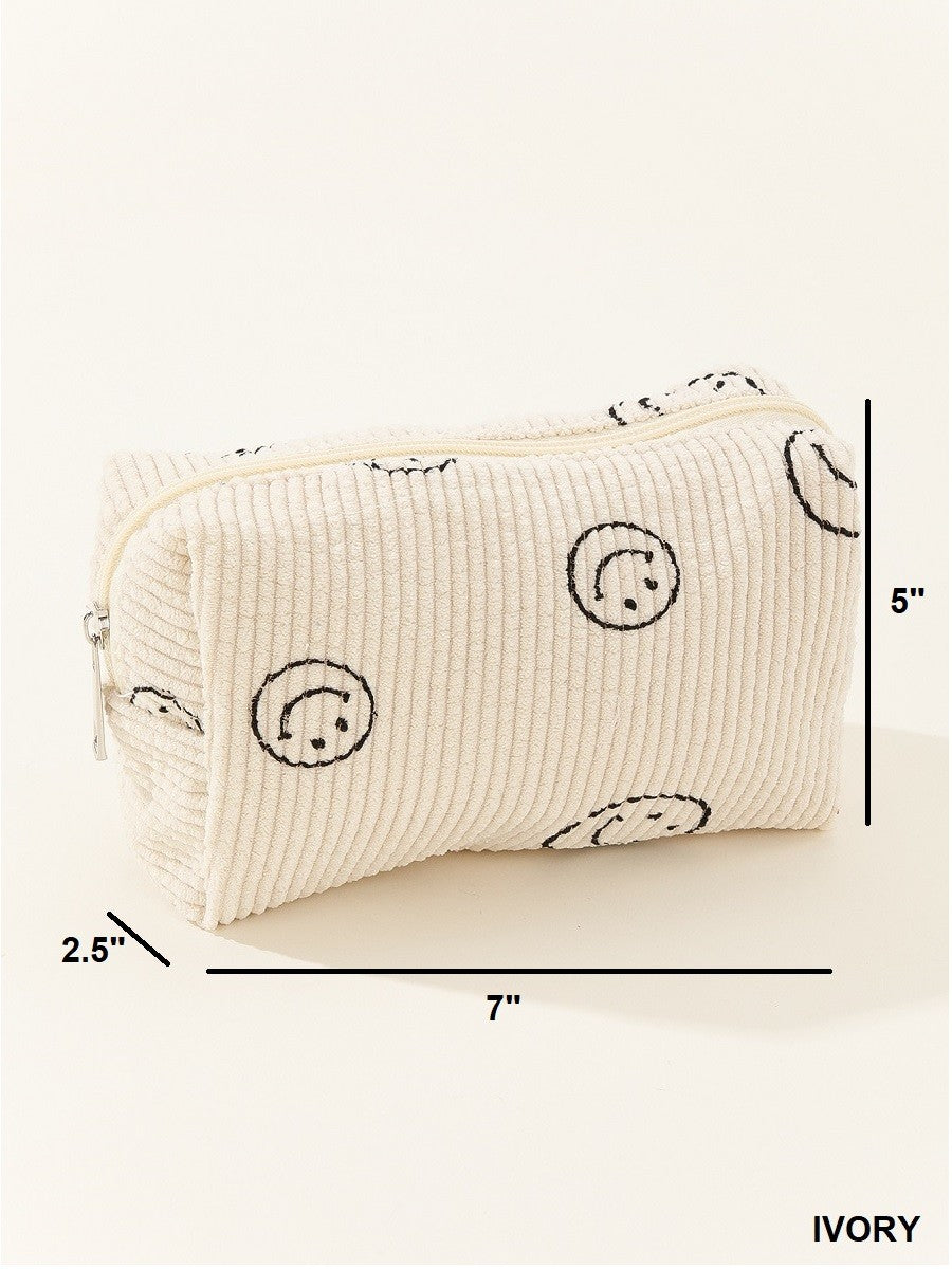 Zenana Charcoal Smiley Face Corduroy Cosmetic Pouch Bag