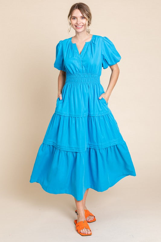 Womens Jodifl Turquoise Solid Tiered Layer Midi Dress