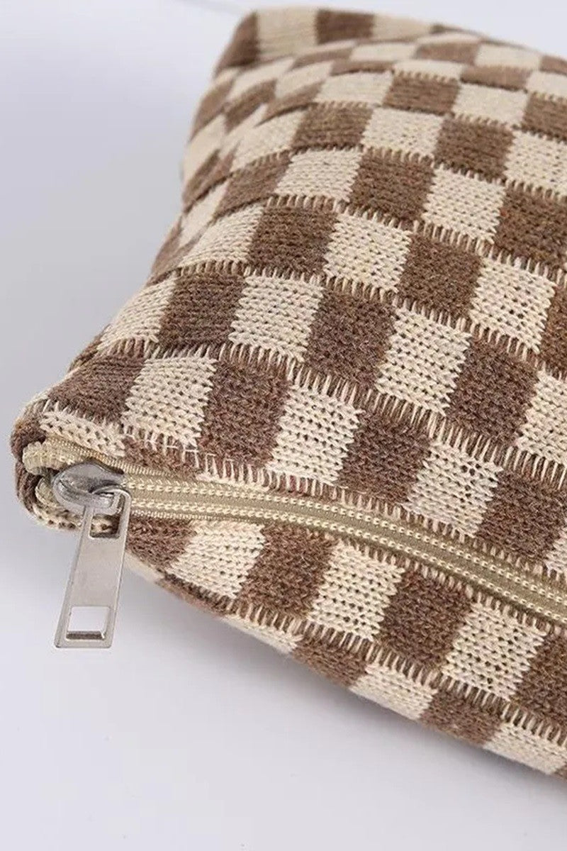 Zenana Mocha Checkered Cosmetic Makeup Clutch Bag