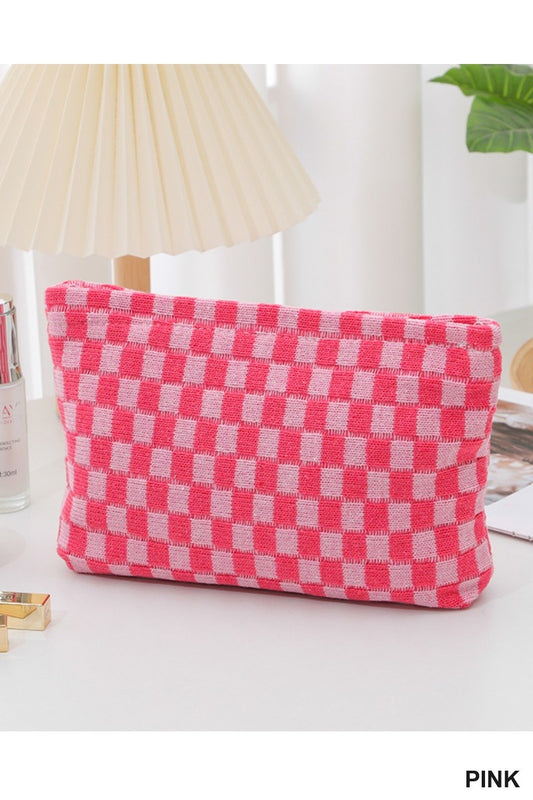 Zenana Pink Checkered Cosmetic Makeup Clutch Bag