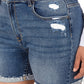 Zenana Womens PLUS Distressed Cuffed Raw Hem Dark Denim Shorts
