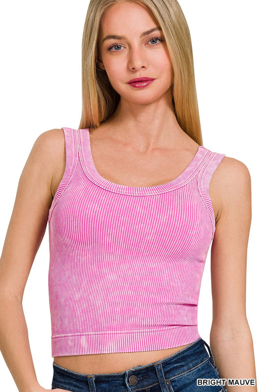 Zenana Womens Bright Mauve Stone Washed Ribbed Seamless Top With Bra Pad