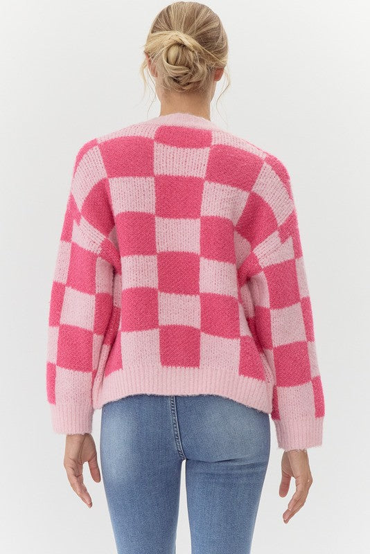 Womens Jodifl Hot Pink Checkered Knit Cardigan