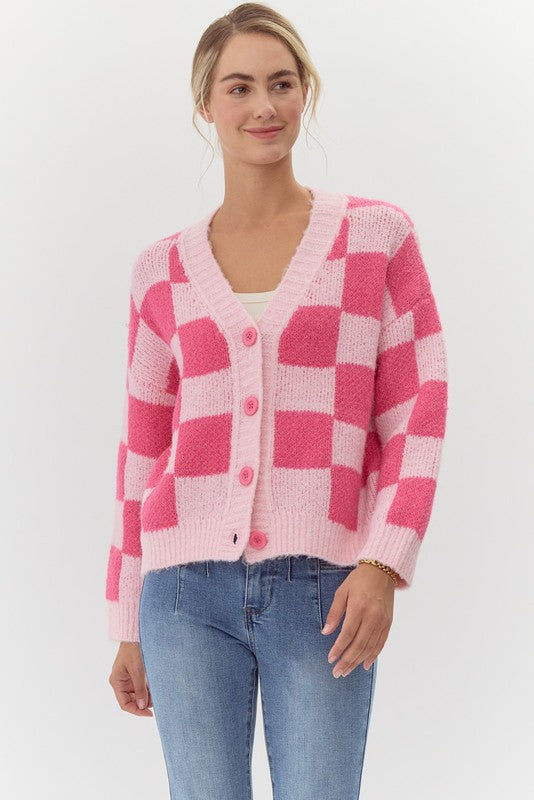 Womens Jodifl Hot Pink Checkered Knit Cardigan