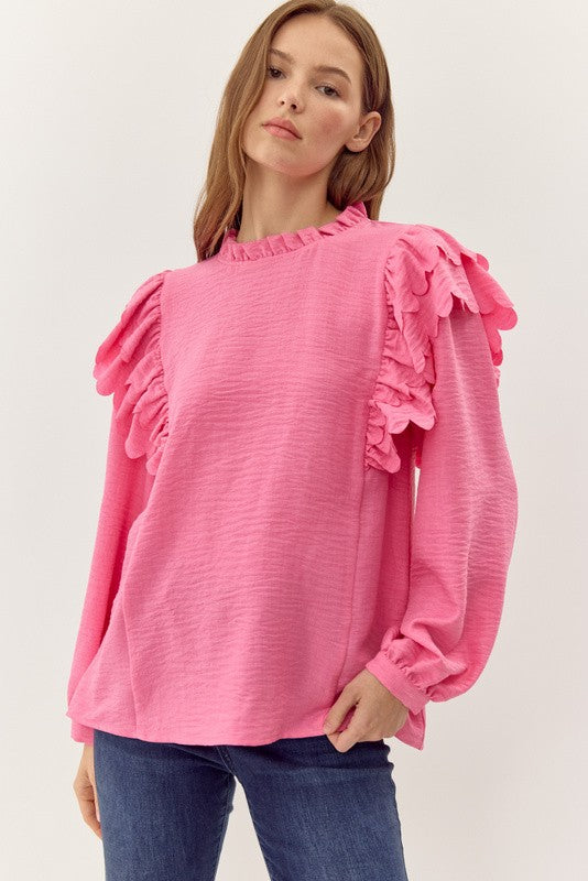 Womens Jodifl Bubble Gum Textured Ruffly Shoulder Top