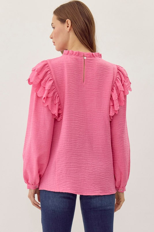 Womens Jodifl Bubble Gum Textured Ruffly Shoulder Top